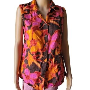 Vintage I.V.Y Ivy Tropical Floral Print Linen Rayon Sleeveless Woman's Blouse